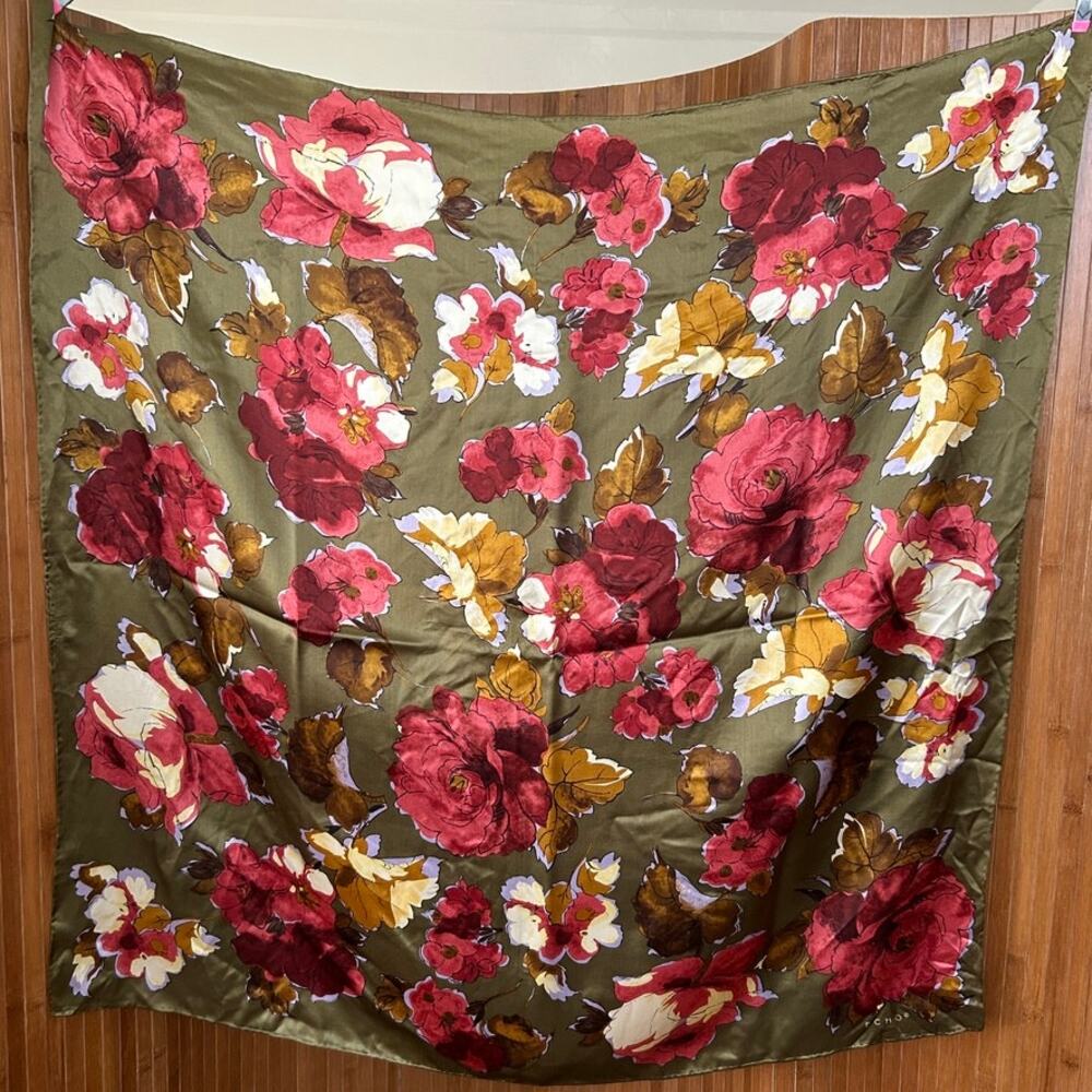 Echo Vintage 1970s Silk Square Scarf 34 x 34 Olive Green Rose Floral Print